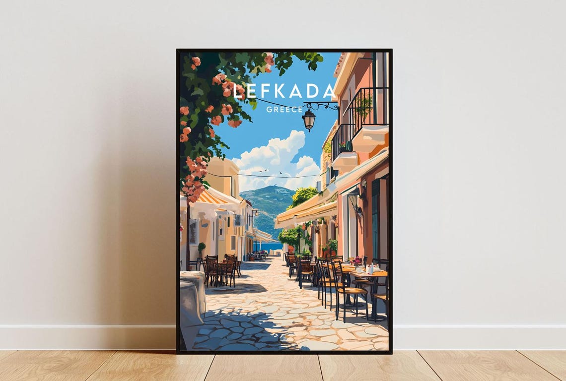 Lefkada Greece Old Town Cafe Street Flower Arch Travel Poster