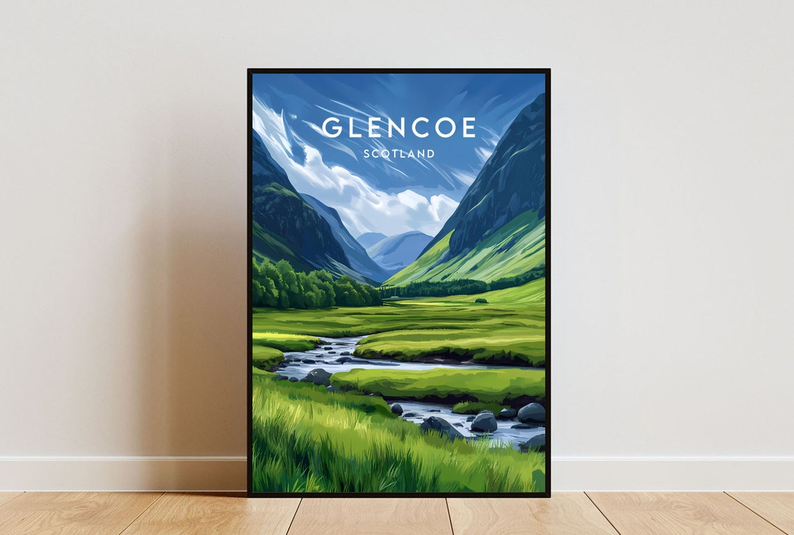 Glencoe Scotland Green Valley Stream Vintage Travel Art Poster