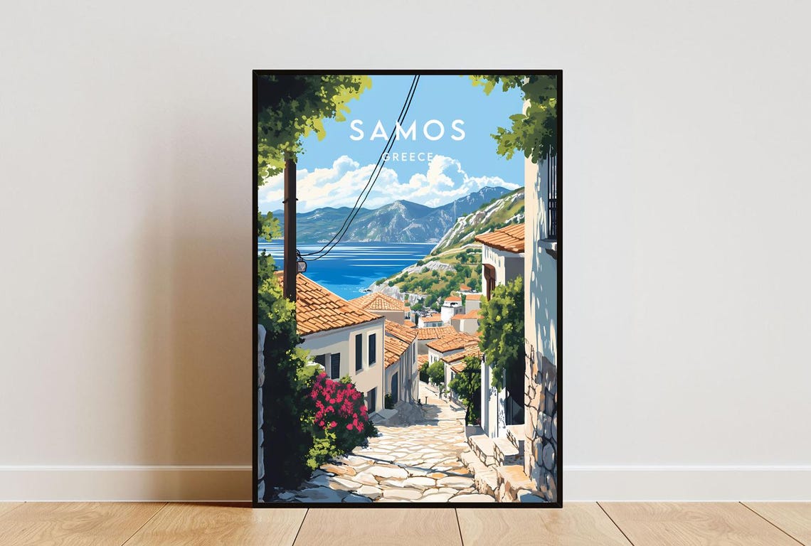 Samos Greece Hillside Town Terracotta Roofs Seaside Travel Poster