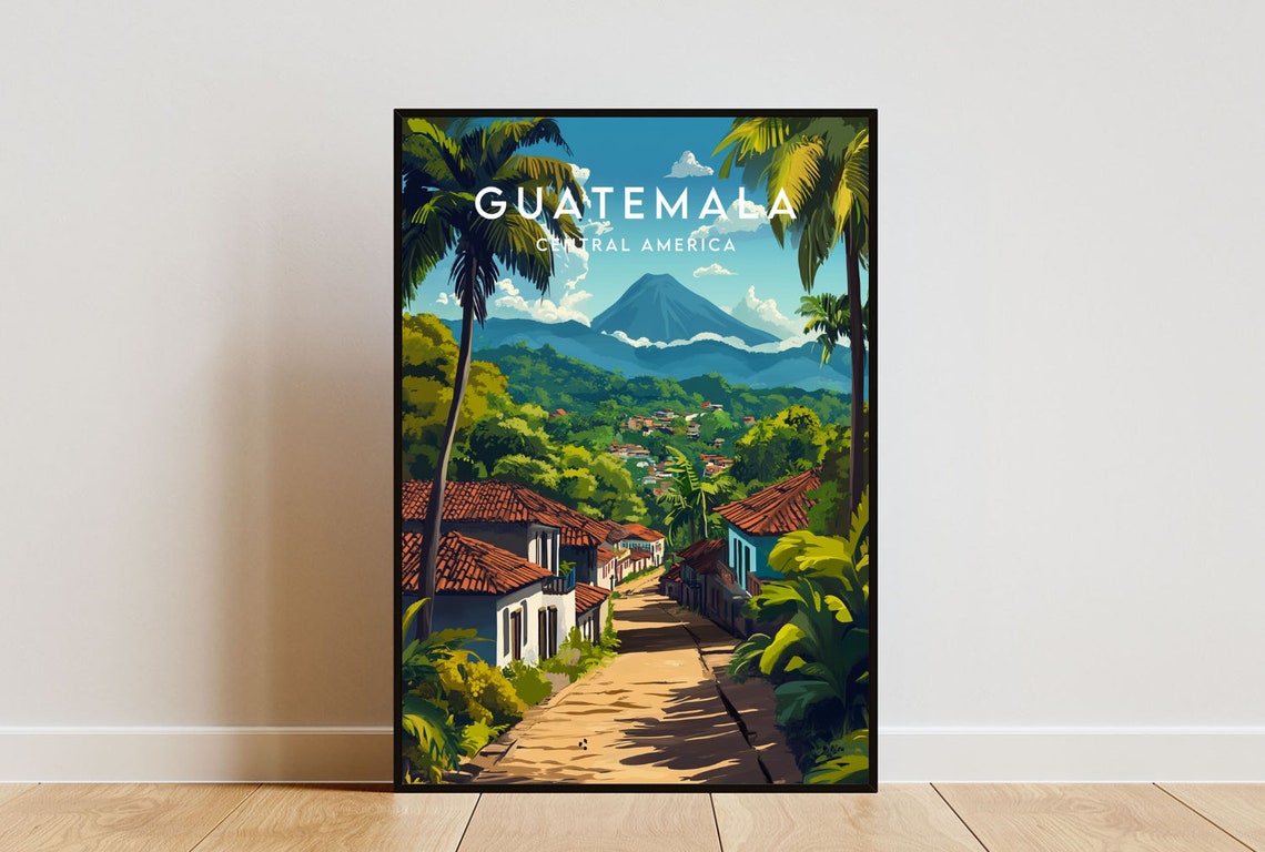 Guatemala Central America Volcano View Cobblestone Colonial Poster