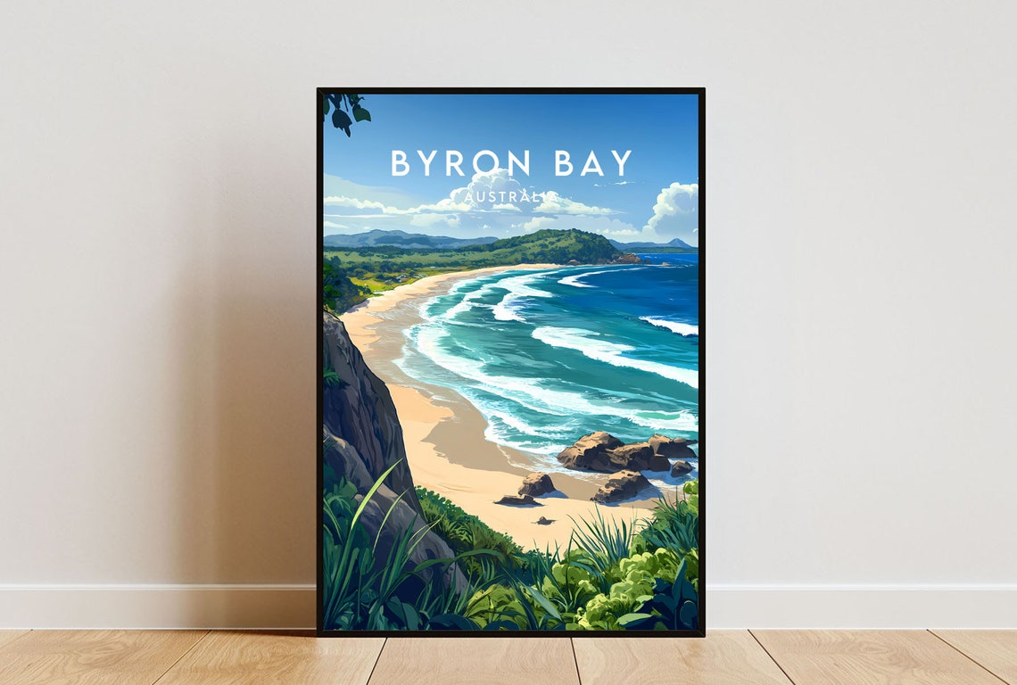 Byron Bay Australia Sunny Beach Lighthouse Vintage Travel Poster
