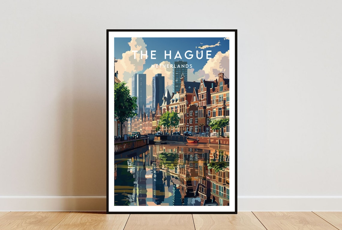 The Hague Netherlands Canal Reflection Historic Gabled Houses Poster