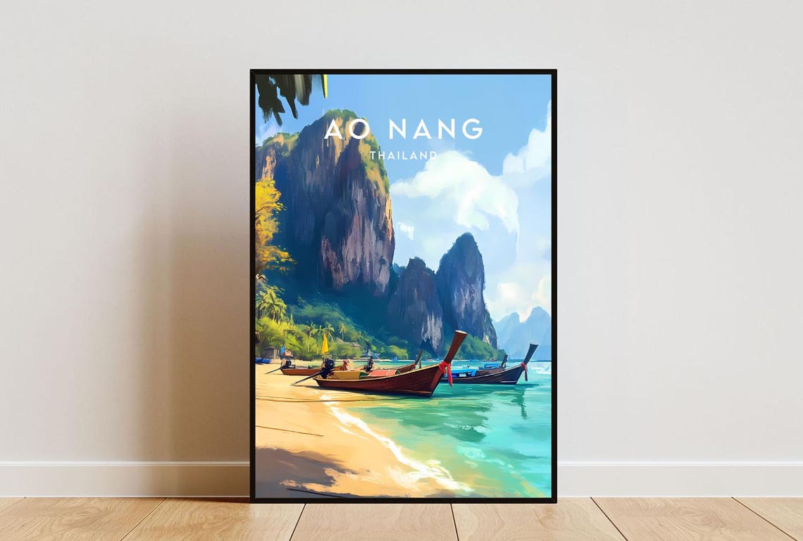 Ao Nang Thailand Limestone Cliffs Longtail Boats Beach Travel Poster