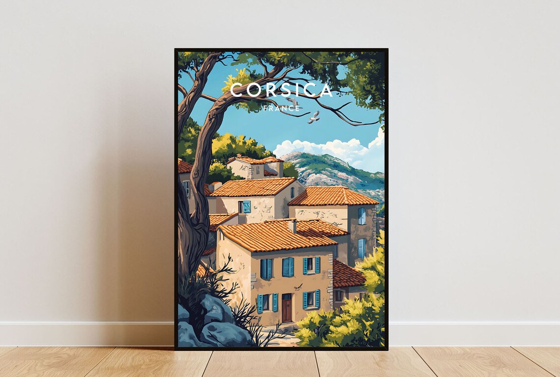 Corsica France Rustic Stone Village Houses Hillside Travel Poster