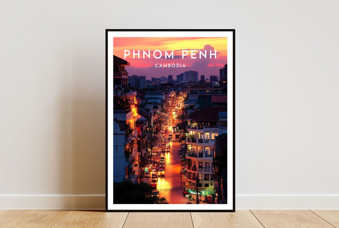 Phnom Penh Cambodia Sunset City Street Traffic Lights Travel Poster