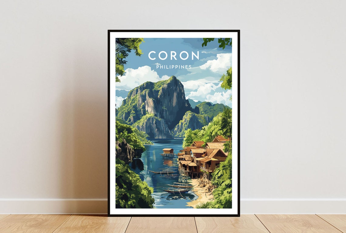 Coron Philippines Karst Cliffs Stilt Huts Tropical Lagoon Poster