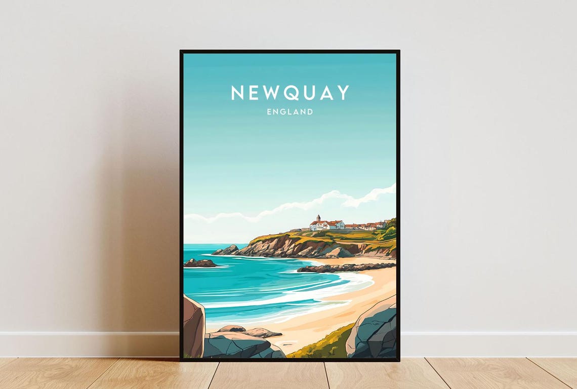 Newquay England Turquoise Beach Cliffs Headland Seaside Travel Poster