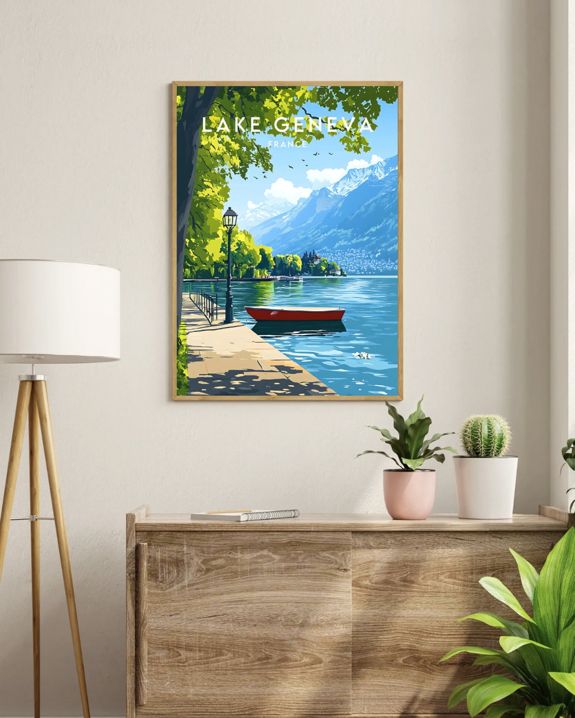 Lake Geneva France Lakeside Promenade Red Boat Mountains Travel Poster - Image 3