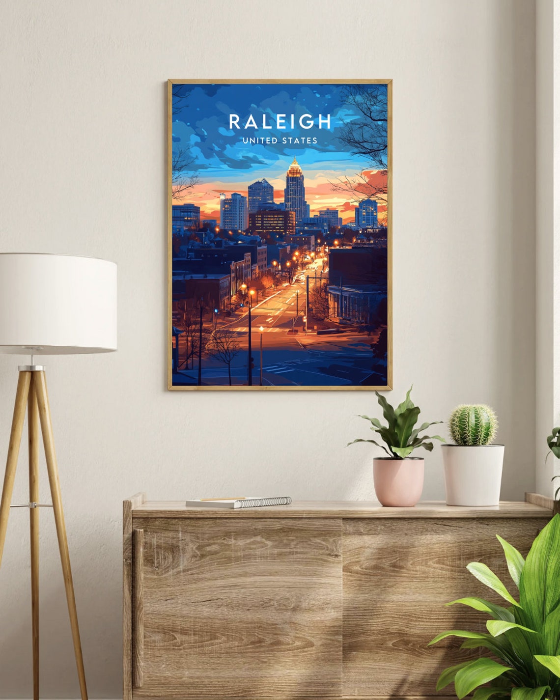 Raleigh North Carolina USA Night Skyline Vintage Travel Poster - Image 3