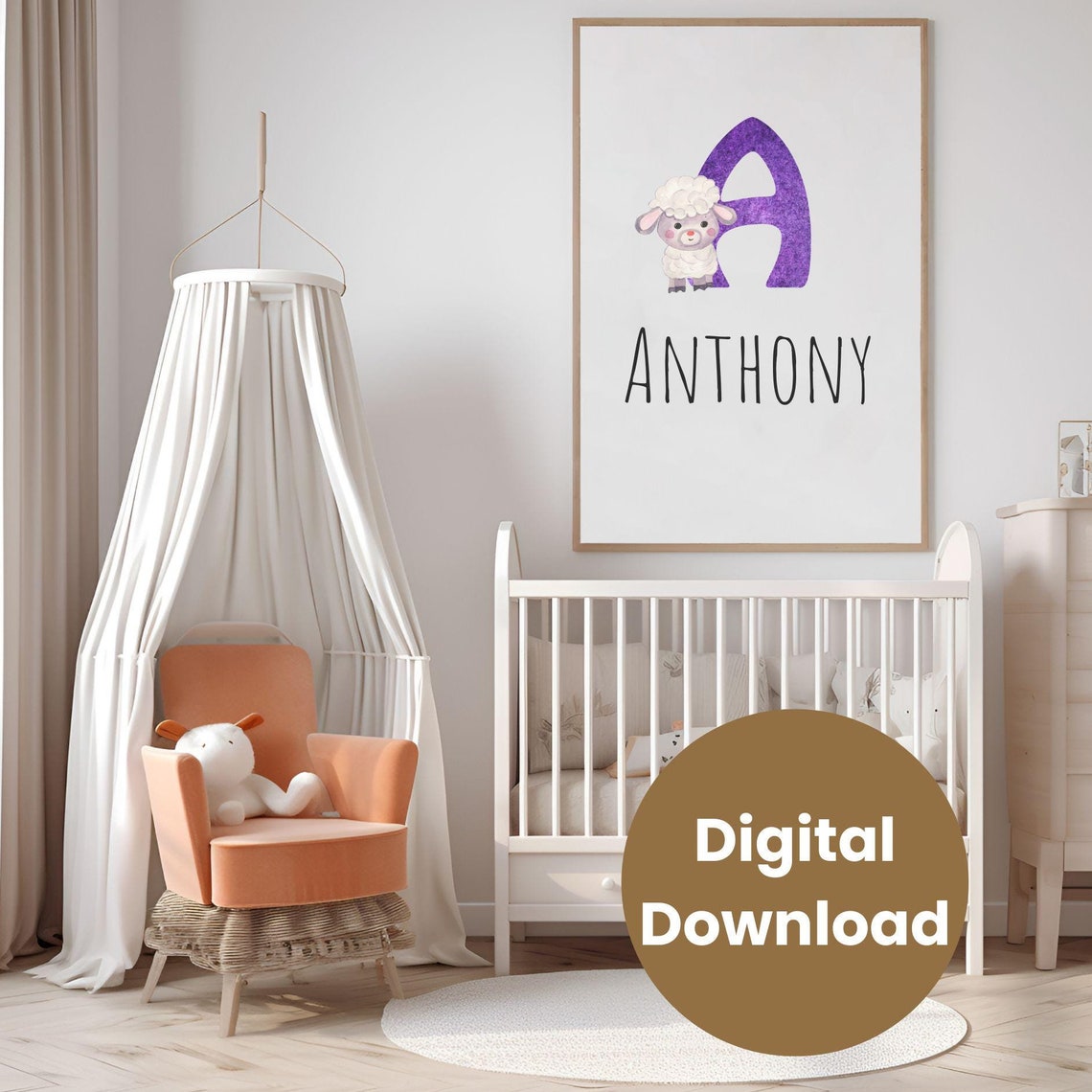 Purple Watercolor Letter A with a Lamb Personalized Name Poster - Image 3