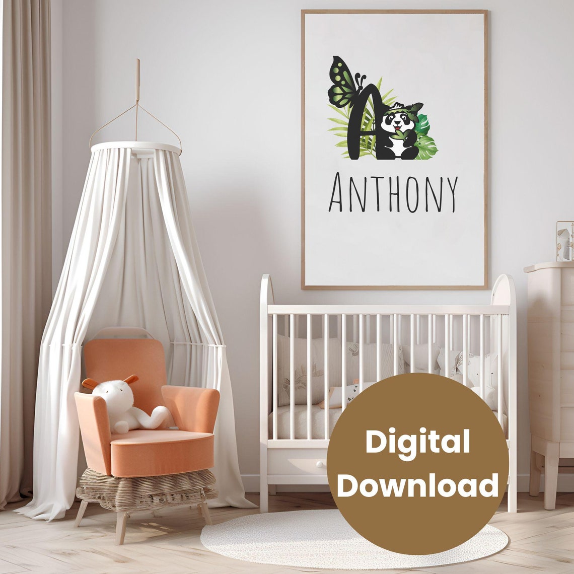 Panda and Butterfly Personalized Letter A Nursery Name Digital Poster - Image 3