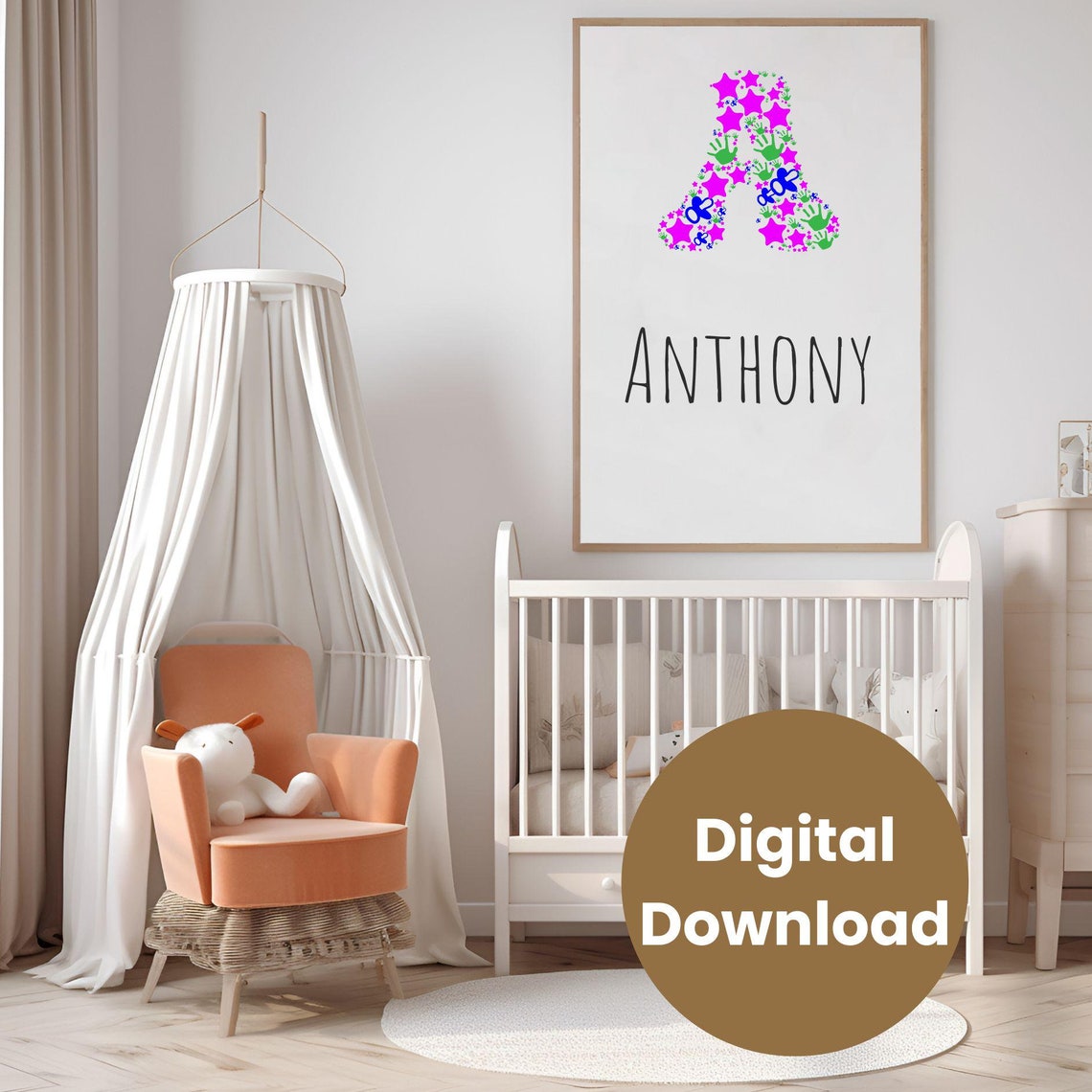 Starry Handprint Pacifier Letter A Personalized Nursery Name Poster - Image 3