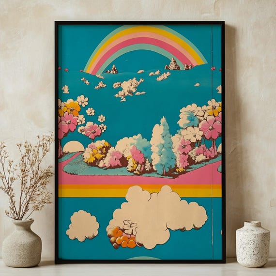 Retro Rainbow Landscape Pop Art Print 70s Psychedelic Poster Vintage Inspired Colorful Wall Art