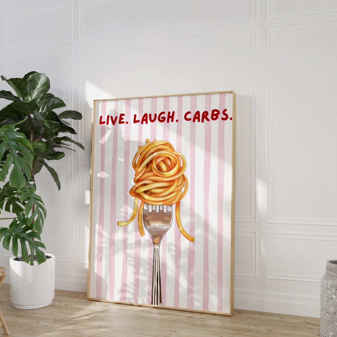 Live Laugh Carbs Spaghetti Fork Pasta Lovers Pink Kitchen Art Poster - Image 2