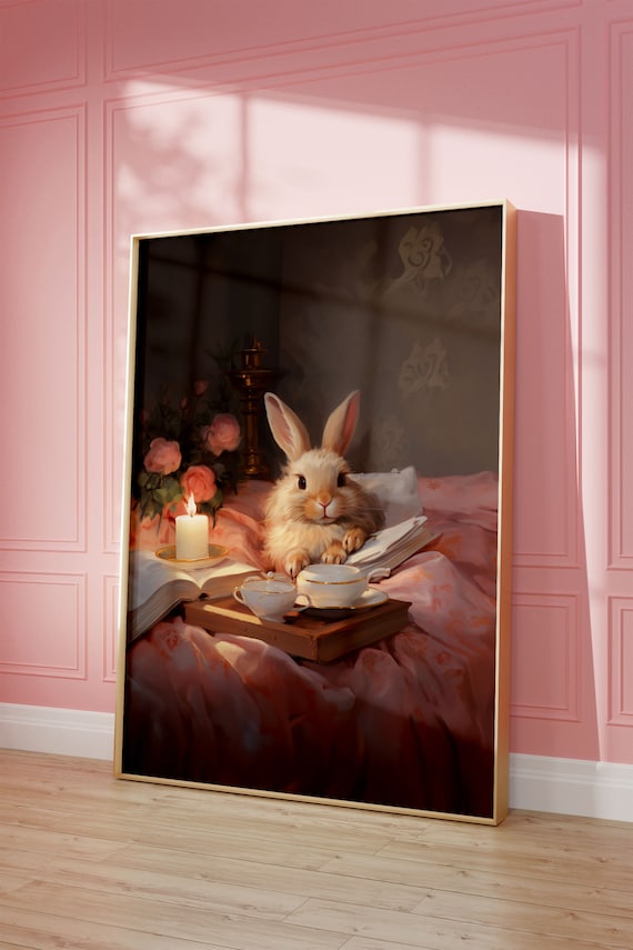 Coquette Print Cute Bunny Wall Art Vintage Pink Painting Soft Girl Aesthetic Preppy Poster Girly Coquette Room Decor Balletcore
