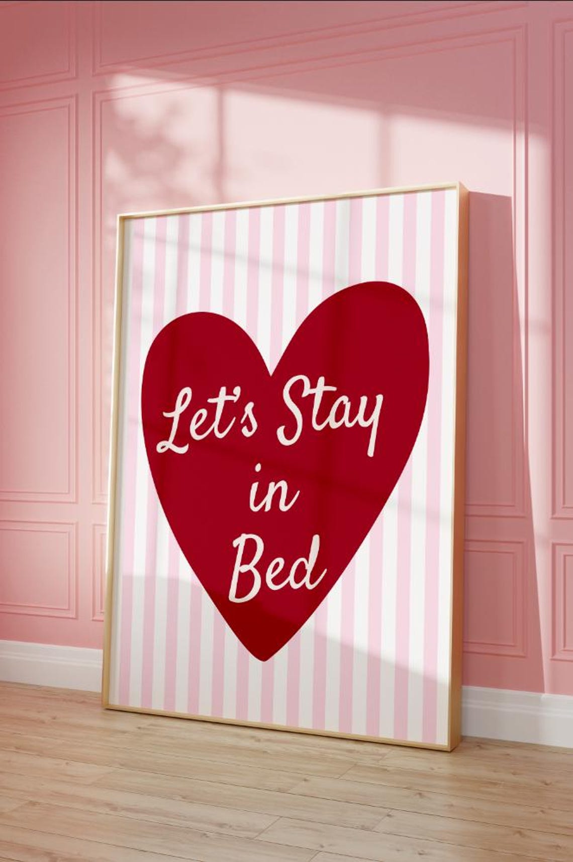Lets Stay In Bed Red Heart On Pink Stripes Retro Typography Poster