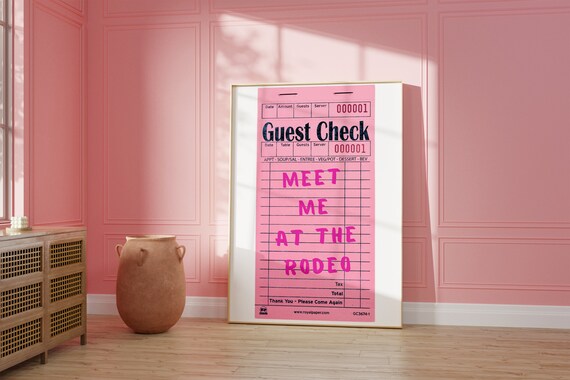 Meet Me At The Rodeo Pink Vintage Guest Check Quote Poster Dorm