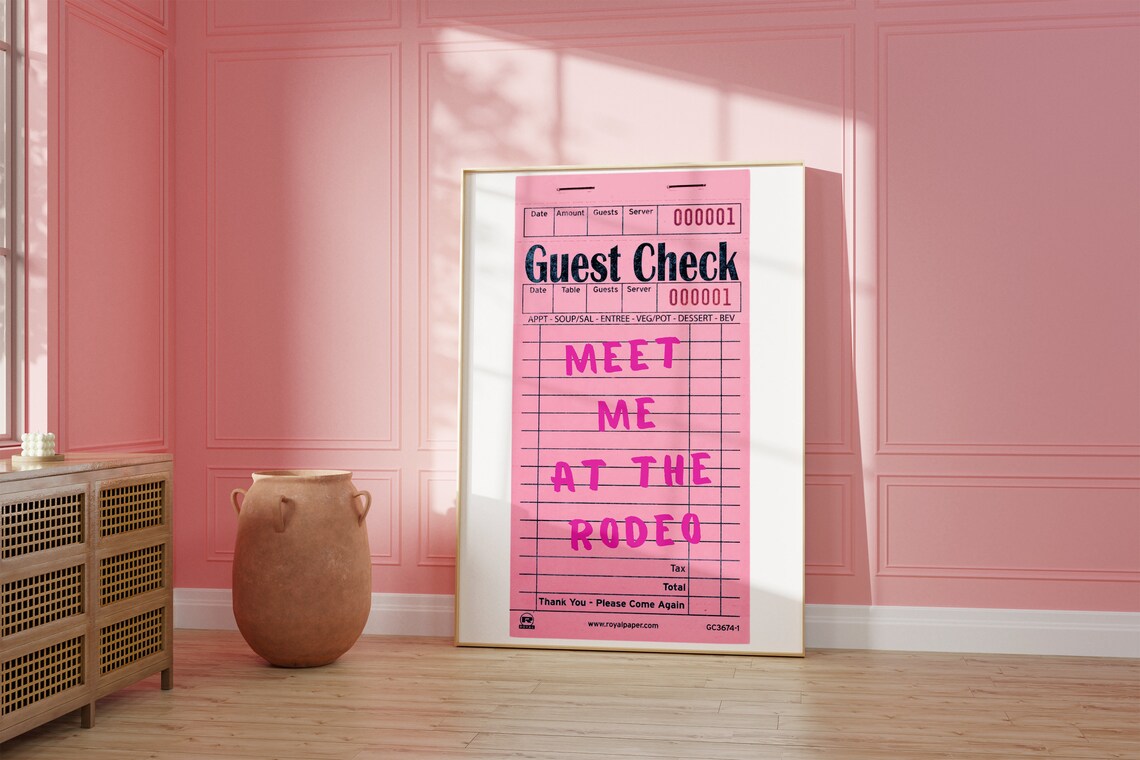 Meet Me At The Rodeo Pink Vintage Guest Check Quote Poster Dorm