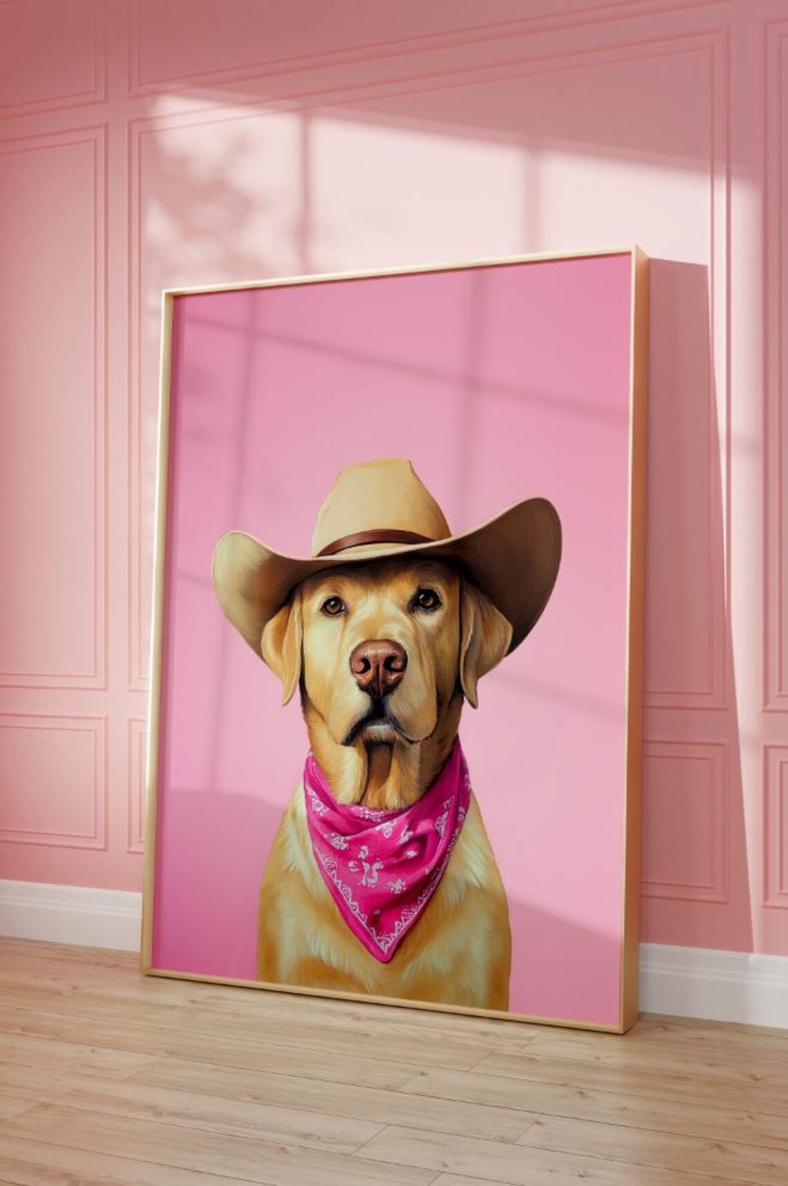 Yellow Labrador Cowboy Hat Pink Bandana Western Dog Art Poster