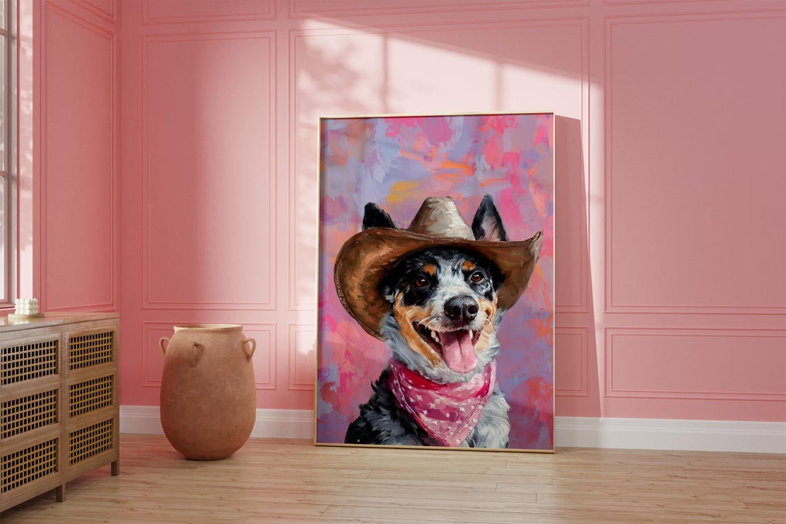 Blue Heeler Dog in Cowgirl Hat Pink Bandana Pastel Western Poster