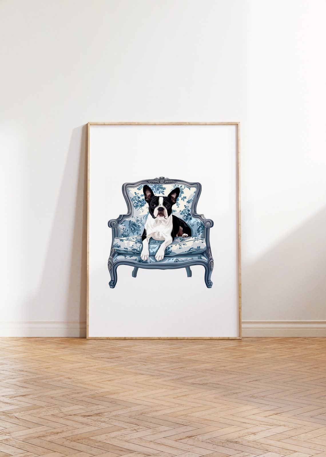 Boston Terrier on Blue Floral French Armchair Pet Art Poster - Image 2