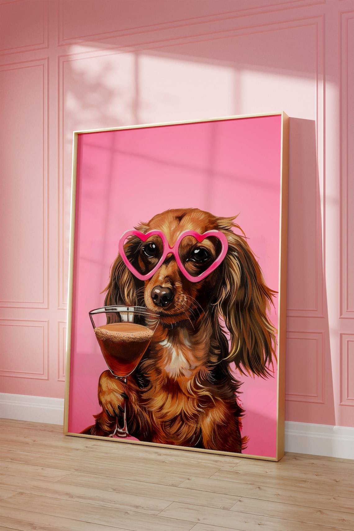 Pink Dachshund Funky Poster, Preppy Dog Art