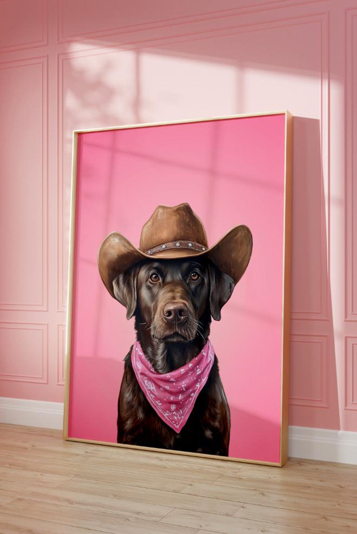 Chocolate Labrador Cowboy Hat and Bandana Pink Background Poster