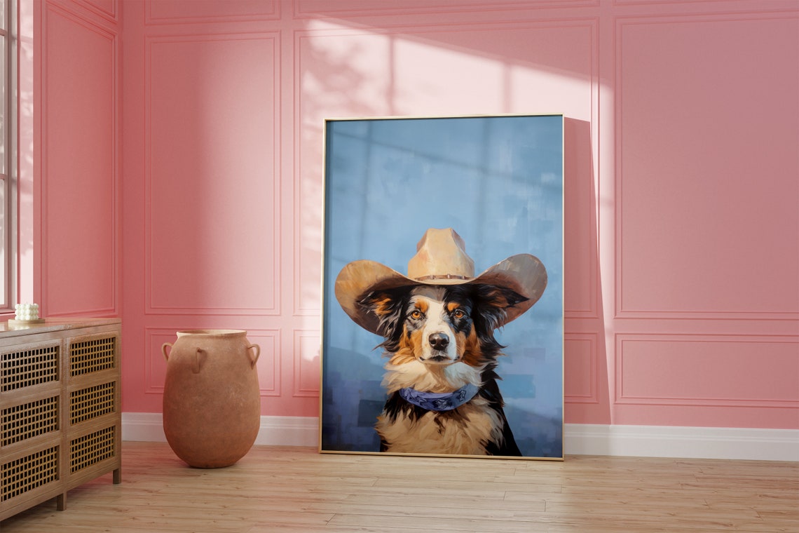 Tricolor Australian Shepherd Cowboy Hat Blue Background Poster - Image 2
