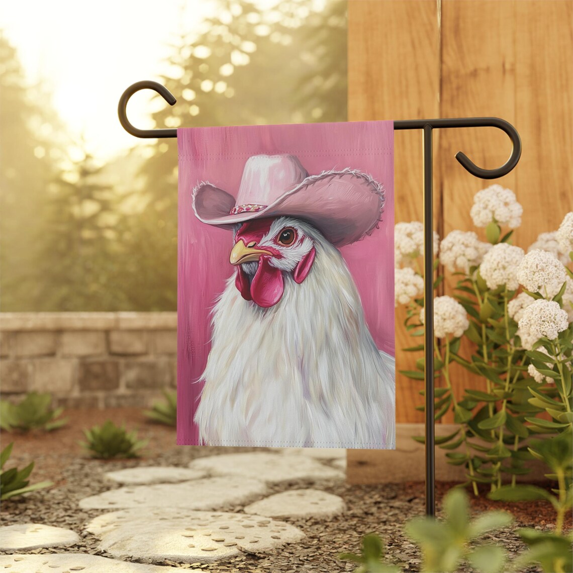 White Chicken Cowgirl With Pink Hat Western Farmhouse Poster