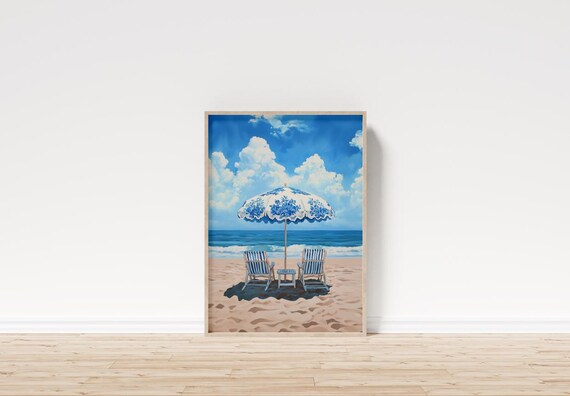 Chinoiserie Blue Umbrella Beach Chairs Vertical Summer Poster