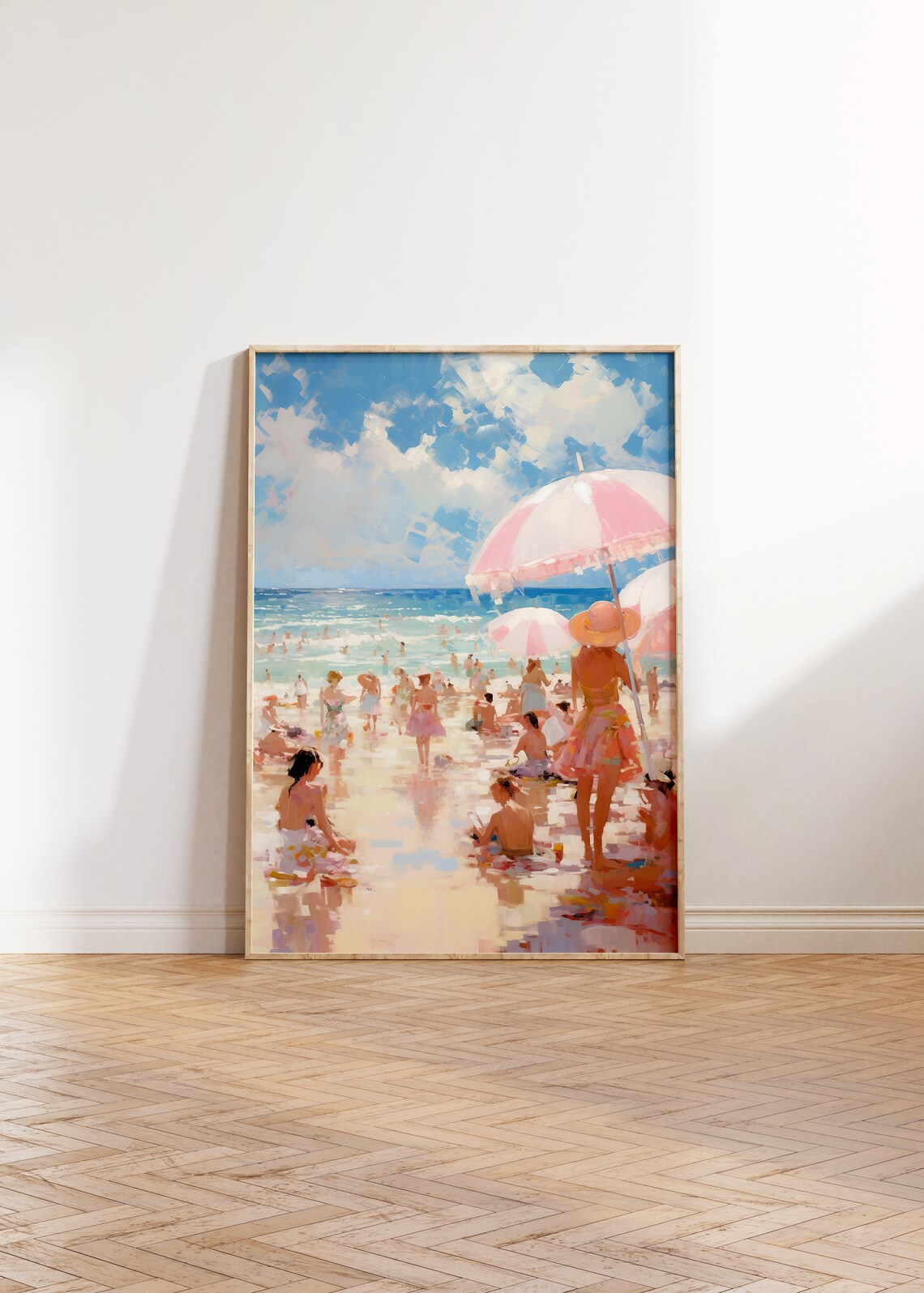 Impressionist Beach Scene With Pink Parasols and Bathers Vintage Poster - Image 2
