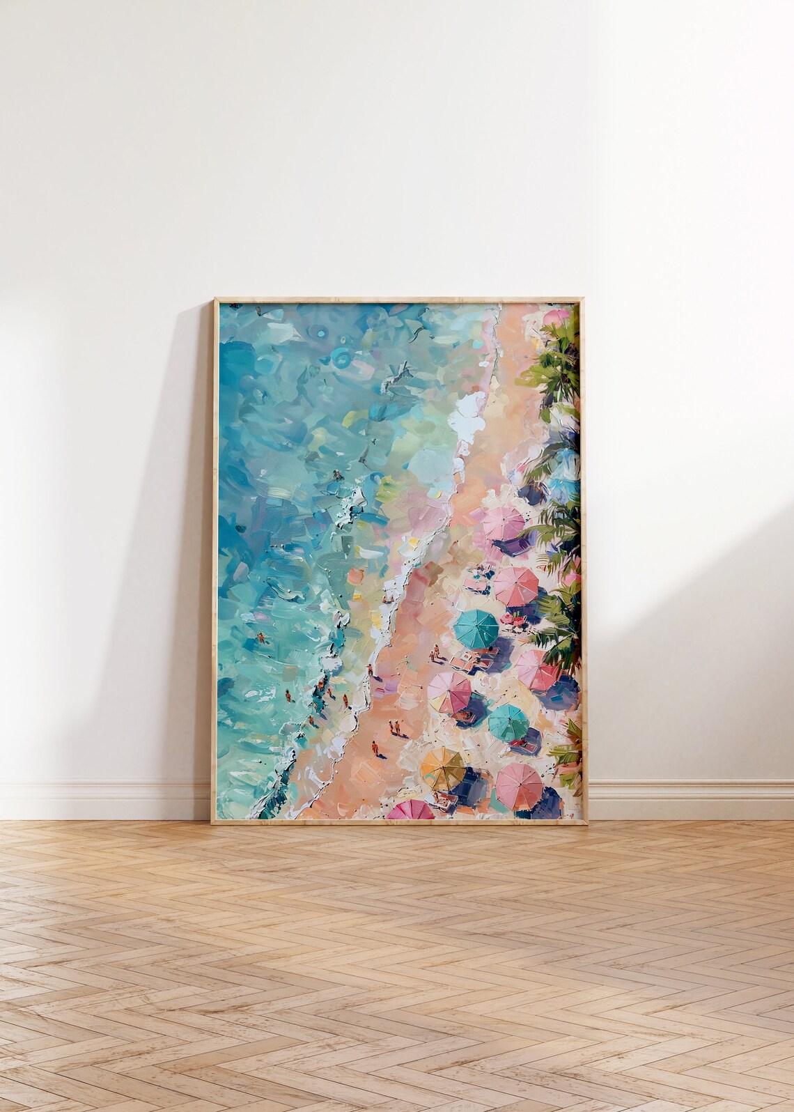 Aerial Beach With Colorful Umbrellas Coastal Painting Wall Art - Image 2
