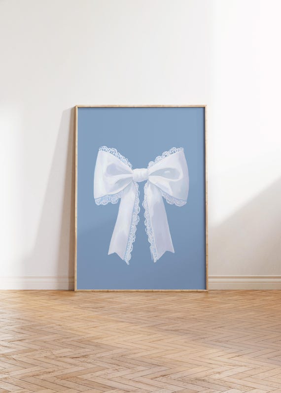 Blue Lace Bow Painting Coquette Ribbon Coastal Cowgirl Decor Preppy Aesthetic Balletcore Blue Nursery Decor