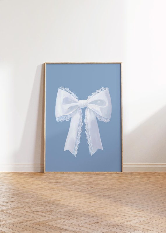 White Lace Bow Blue Background Coquette Balletcore Nursery Poster