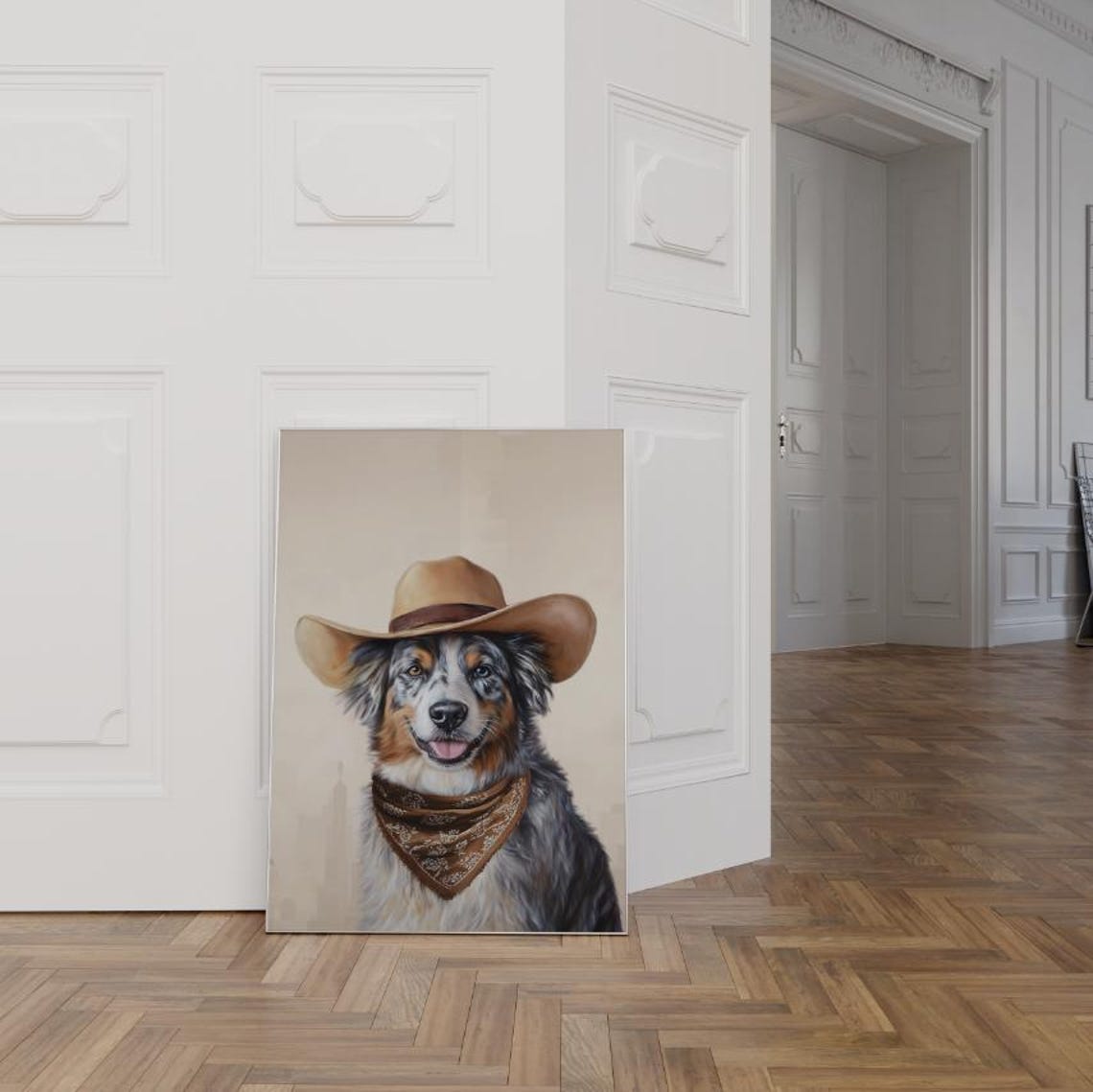 Blue Merle Australian Shepherd Cowboy Hat Smiling Portrait Poster - Image 2