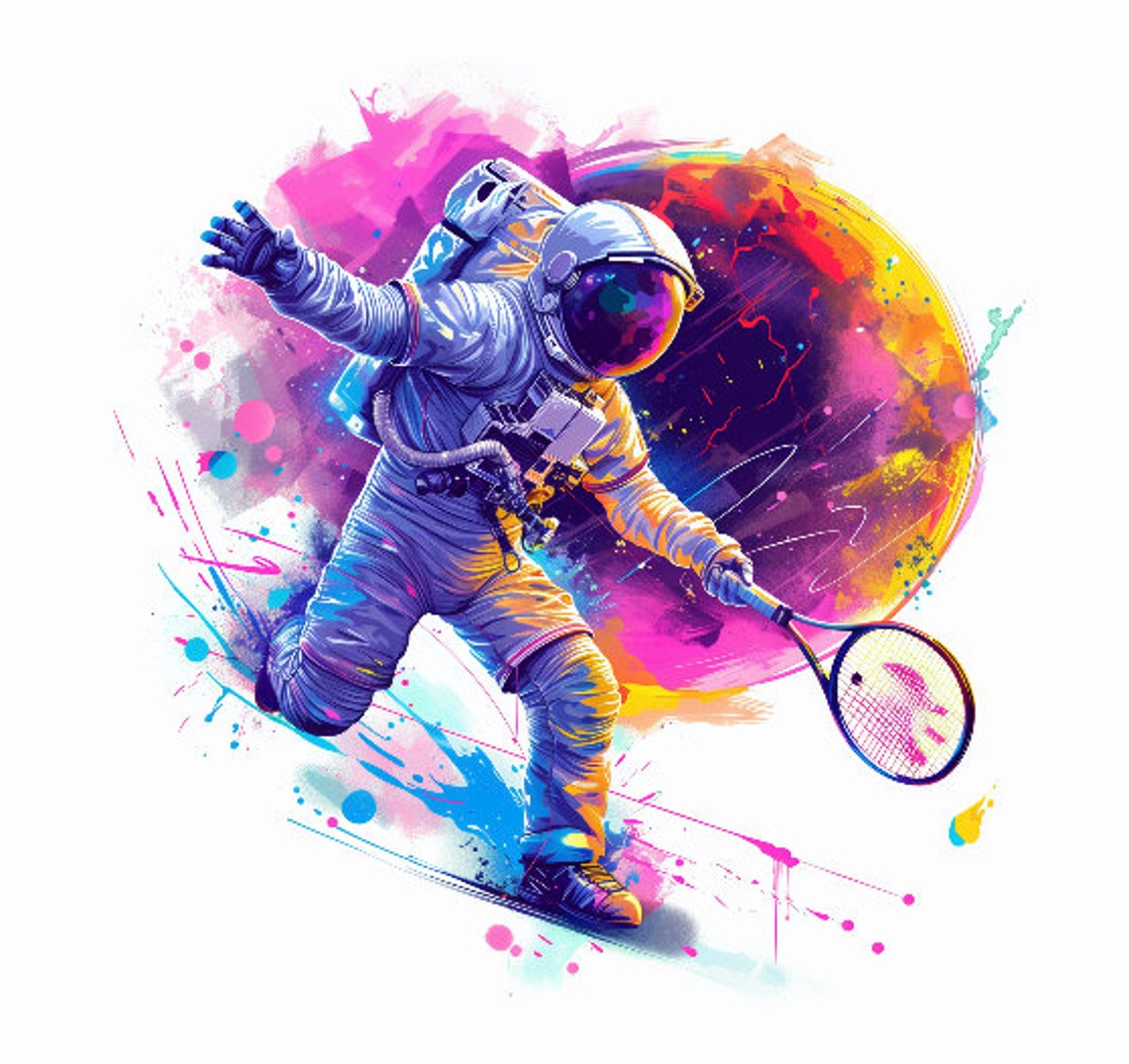 Astronaut Tennis Player Colorful Space Splash Watercolor Poster - Image 3