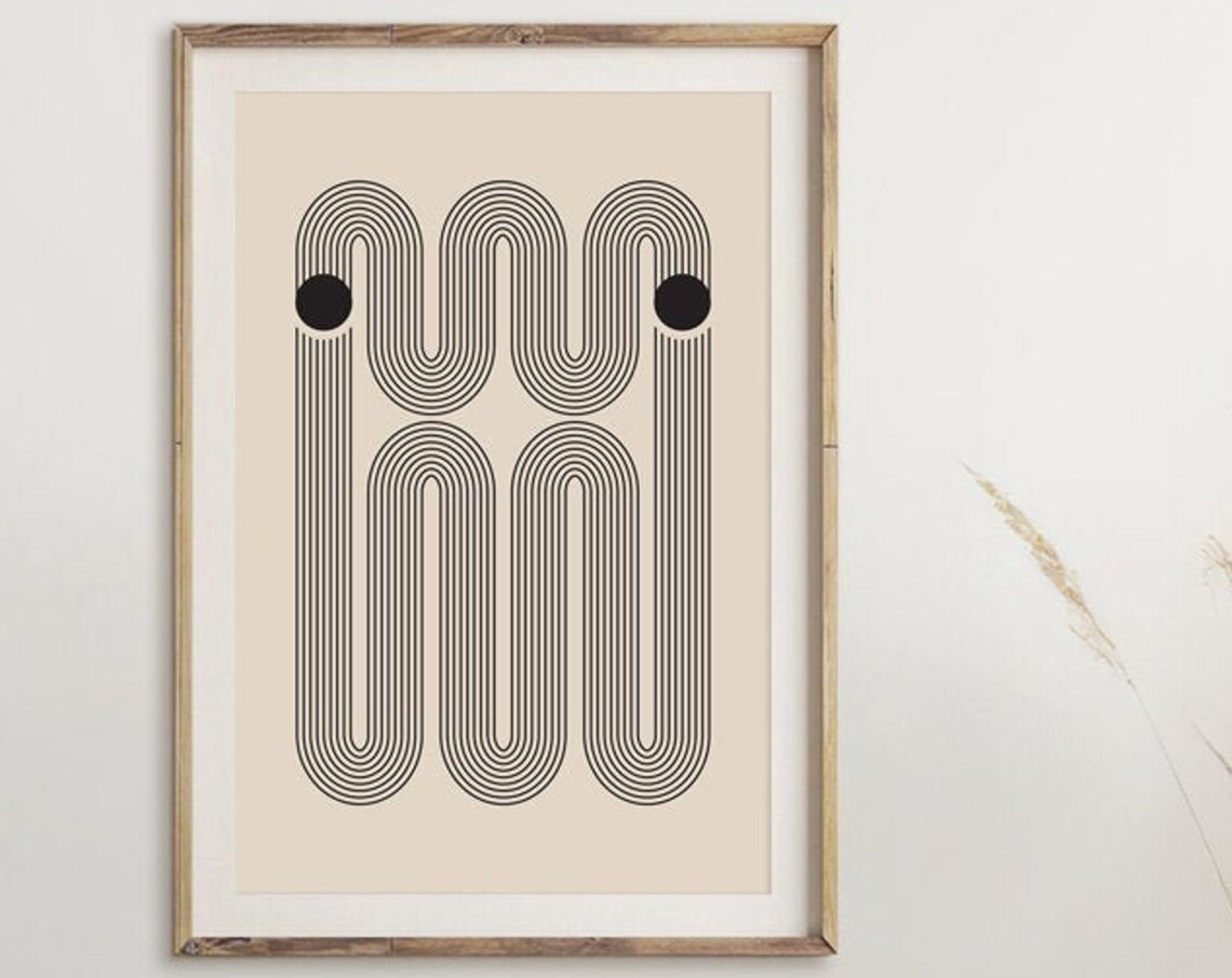 Black Striped Looped Shapes On Beige Bauhaus Mid Century Art Poster