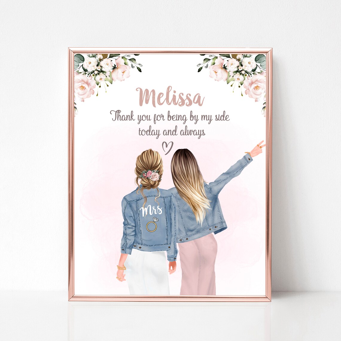 Bride Thanking Maid of Honor Denim Jackets Floral Portrait Poster