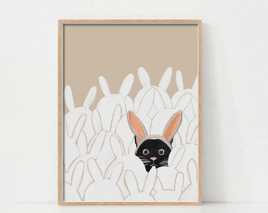 Cat and Easter Bunny Art Print, Playful Holiday Decor