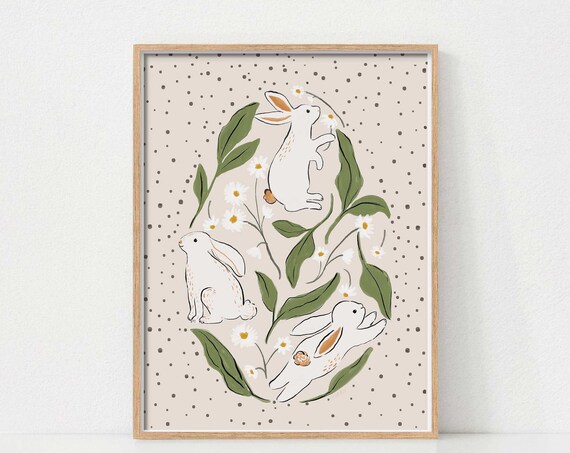 Three Playful White Bunnies with Daisies Spring Floral Easter Art Poster