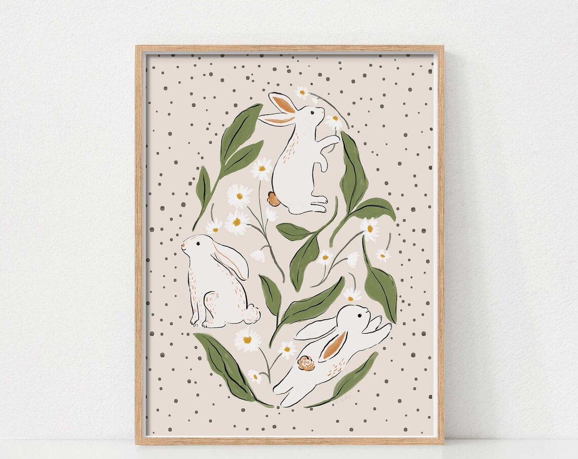 Three Playful White Bunnies with Daisies Spring Floral Easter Art Poster