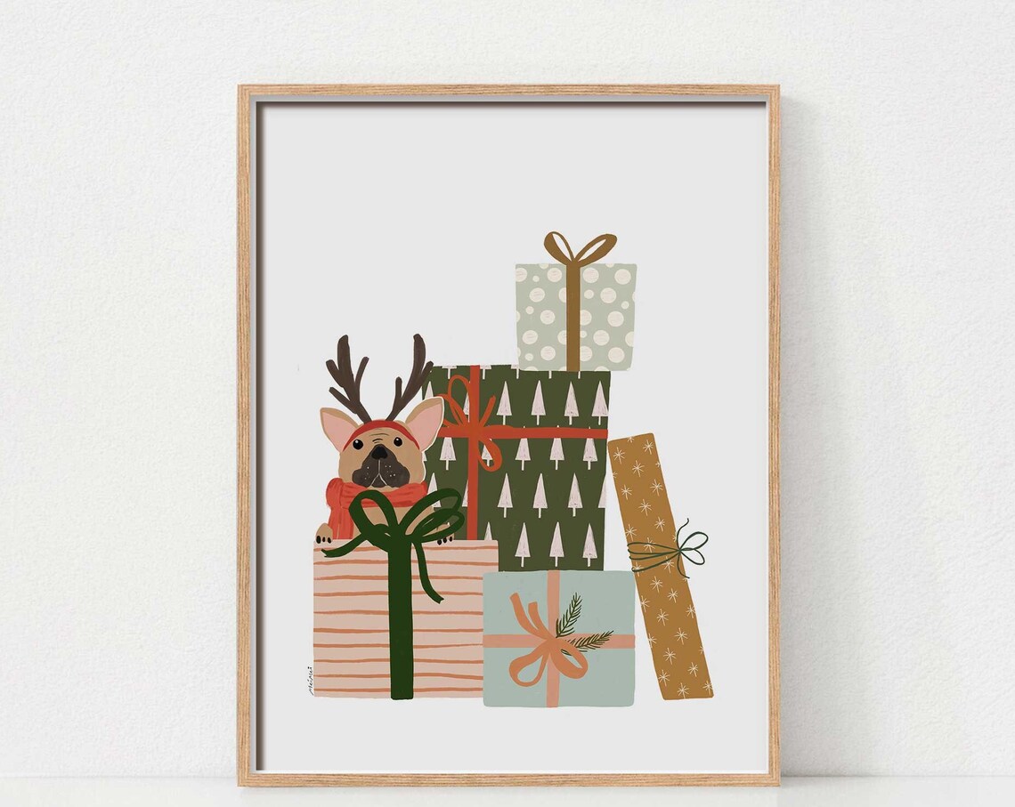 Holiday Frenchie Art Print, Festive Christmas Decor