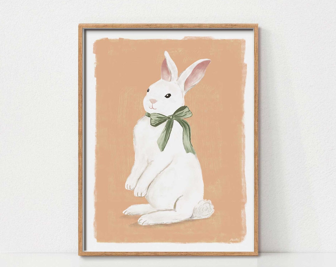White Bunny with Sage Bow Tie Pastel Peach Nursery Bunny Art Poster