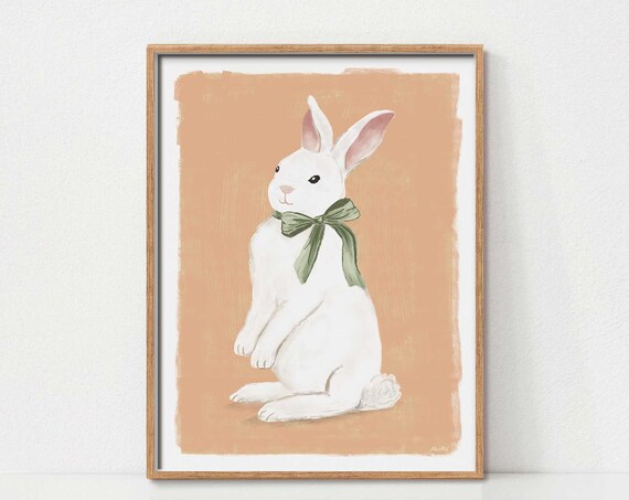 White Bunny with Sage Bow Tie Pastel Peach Nursery Bunny Art Poster