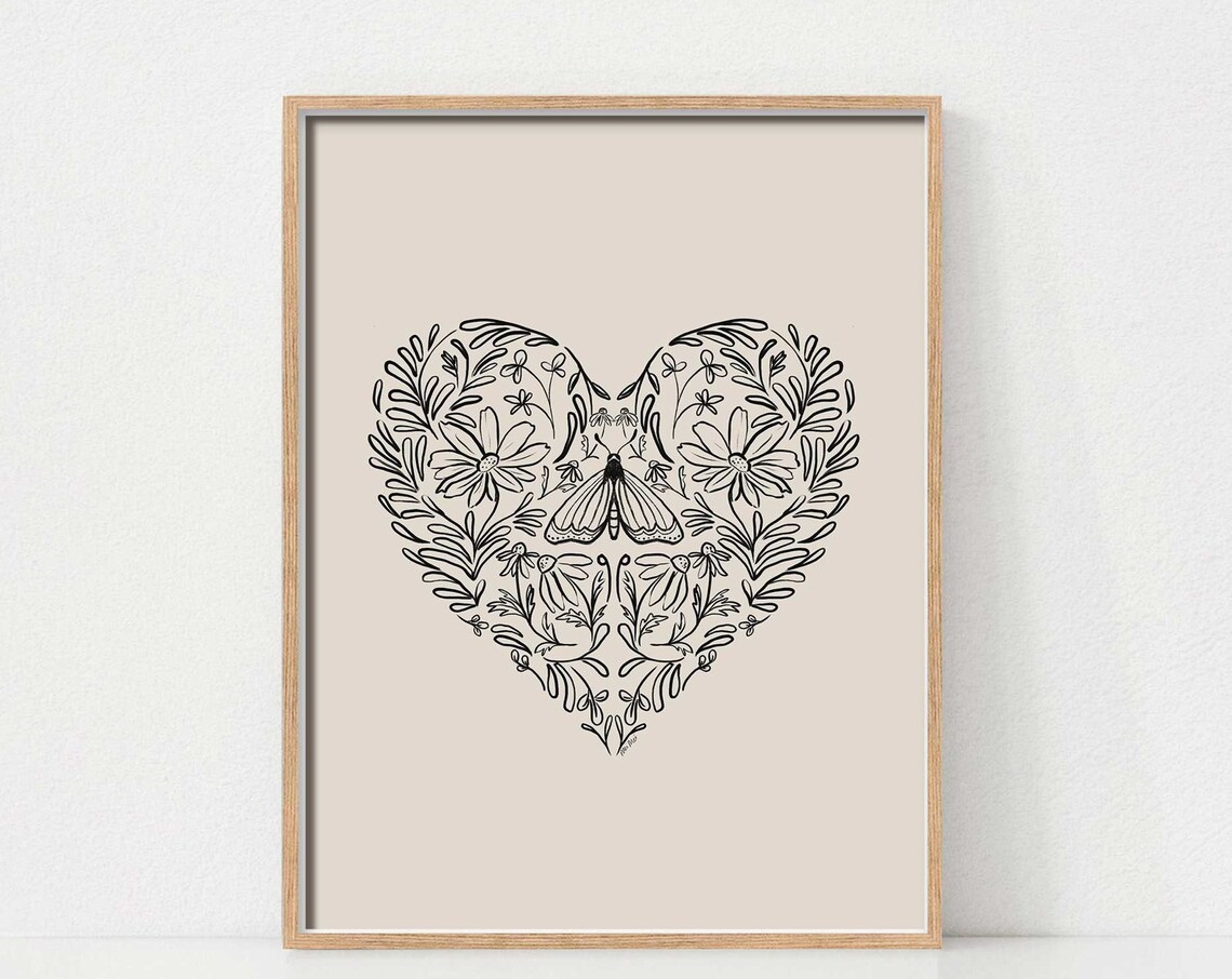 Floral Heart Botanical Line Illustration Art Print