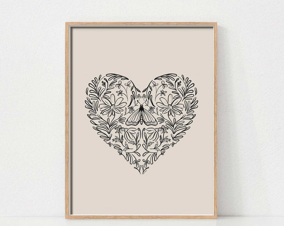 Floral Heart Botanical Line Illustration Art Print