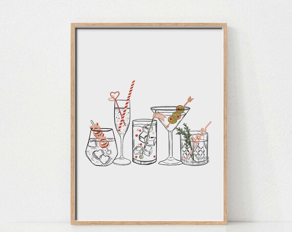 Valentine Cocktail Glasses XOXO Love Tags Bar Cart Drink Wall Art