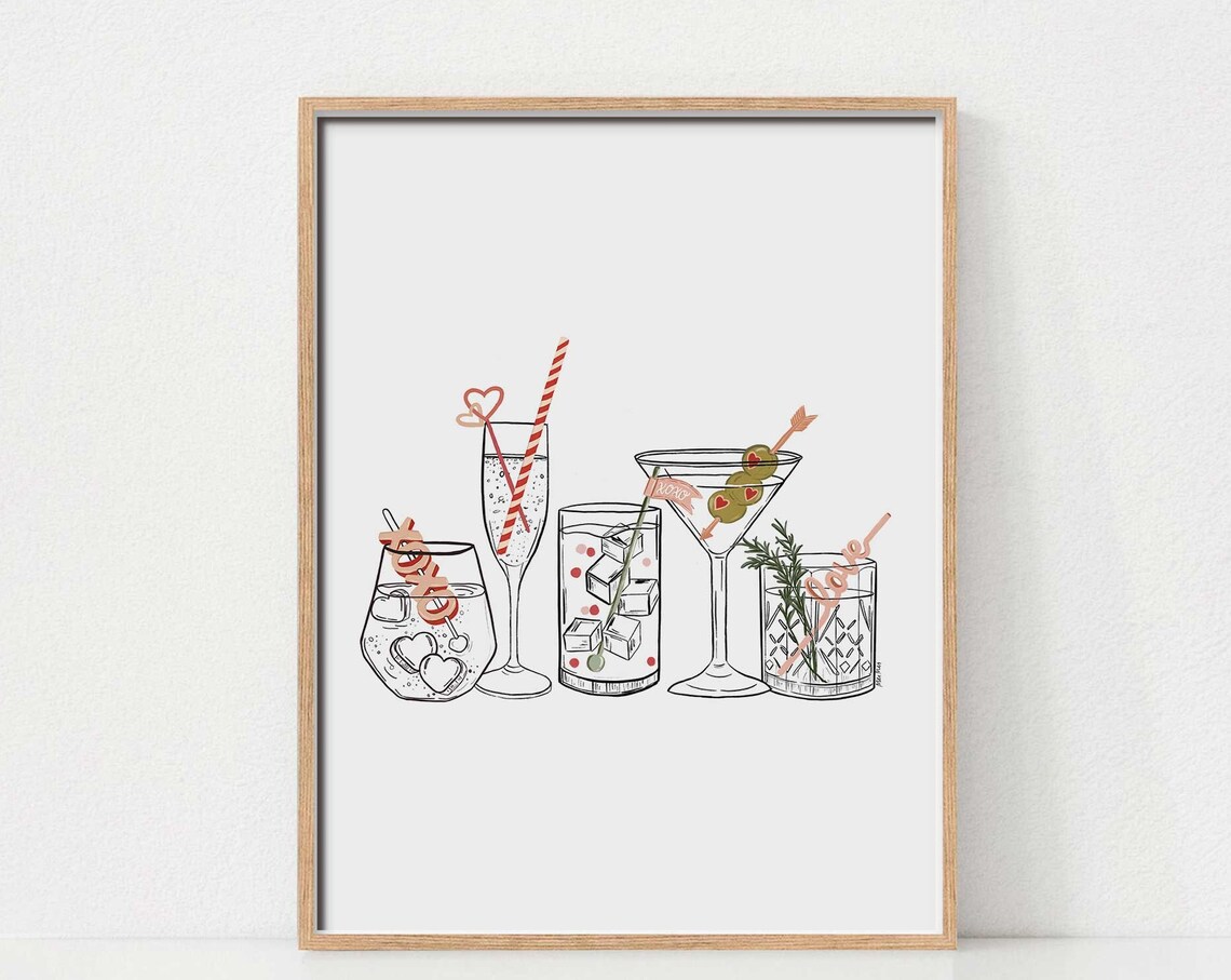 Valentine Cocktail Glasses XOXO Love Tags Bar Cart Drink Wall Art