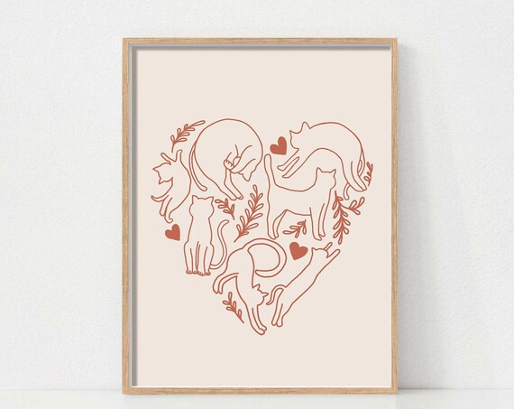 Cats Forming a Heart Terracotta Line Art Valentines Day Poster