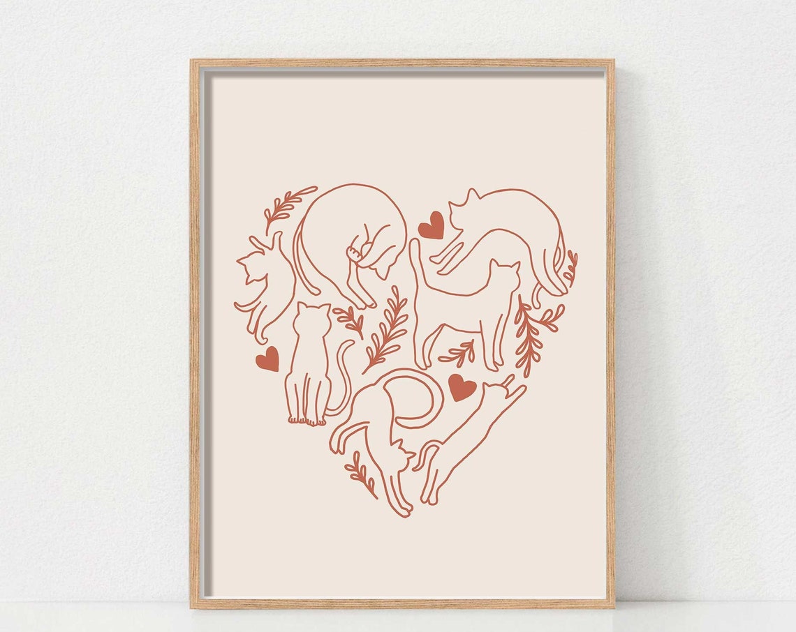Cats Forming a Heart Terracotta Line Art Valentines Day Poster